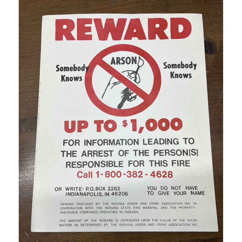 1983 Indiana Arson Reward Poster/Flyer Heavy Paper Stock 8.5 Inches X 11 Inches